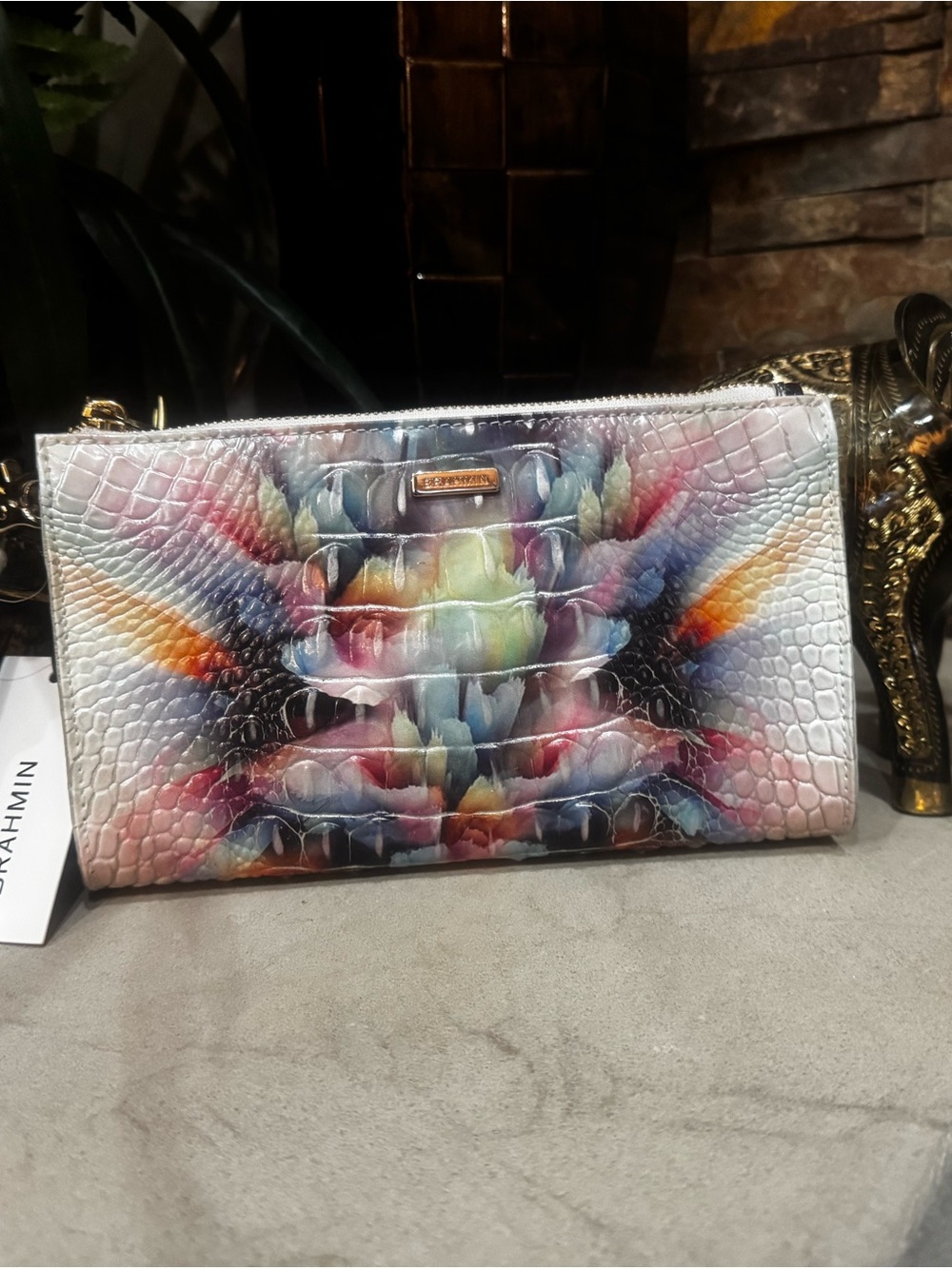 Brahmin Multicolor Croc-Embossed Leather Wristlet in Pastel Rainbow